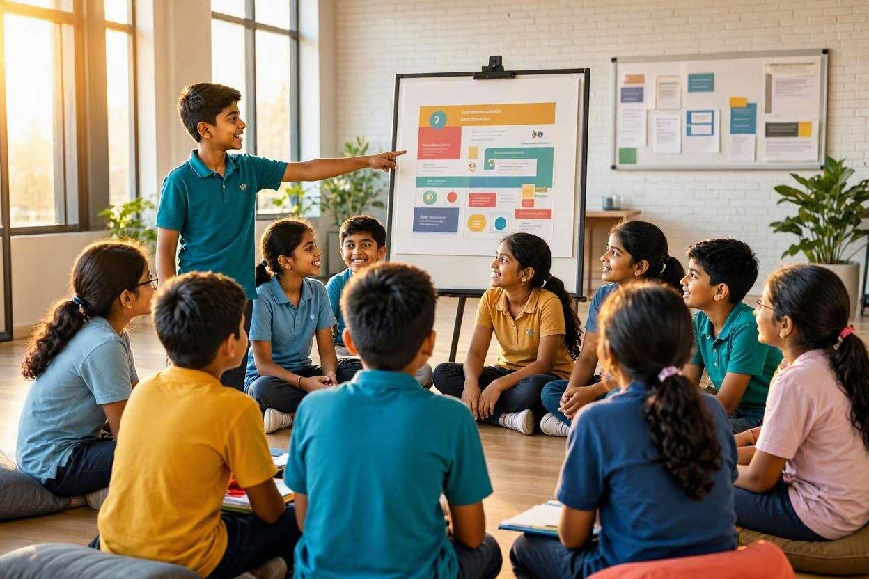 Classroom of children sitting in a circle listening to a presenter on the whiteboard.